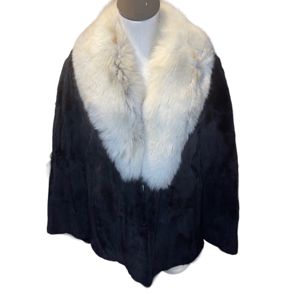 Vintage 1950's Black Sheared Mink & White Fox Collar Fur Coat
